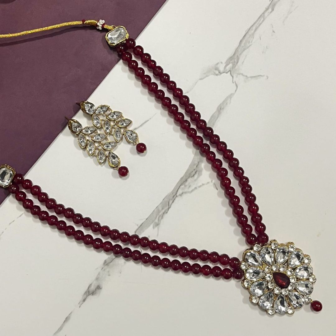 Red Beaded Kundan Necklace Set -1 Beaded Kundan Necklace Set - Image 1