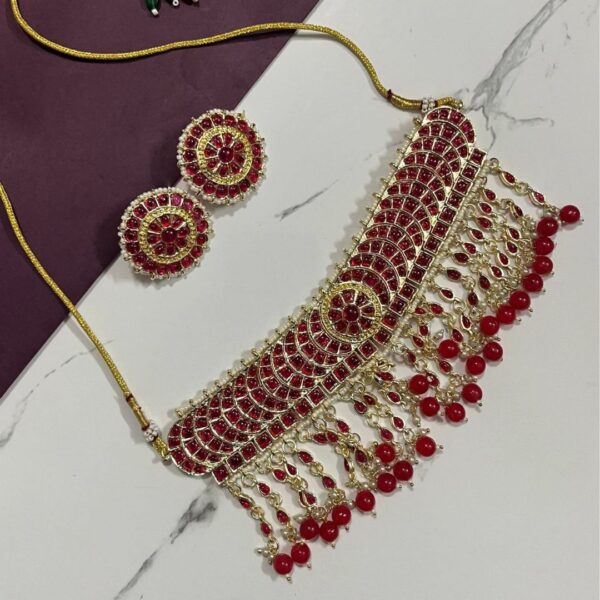 Royal Red Kundan Fringe Choker Set – Gold Finish with Statement Studs