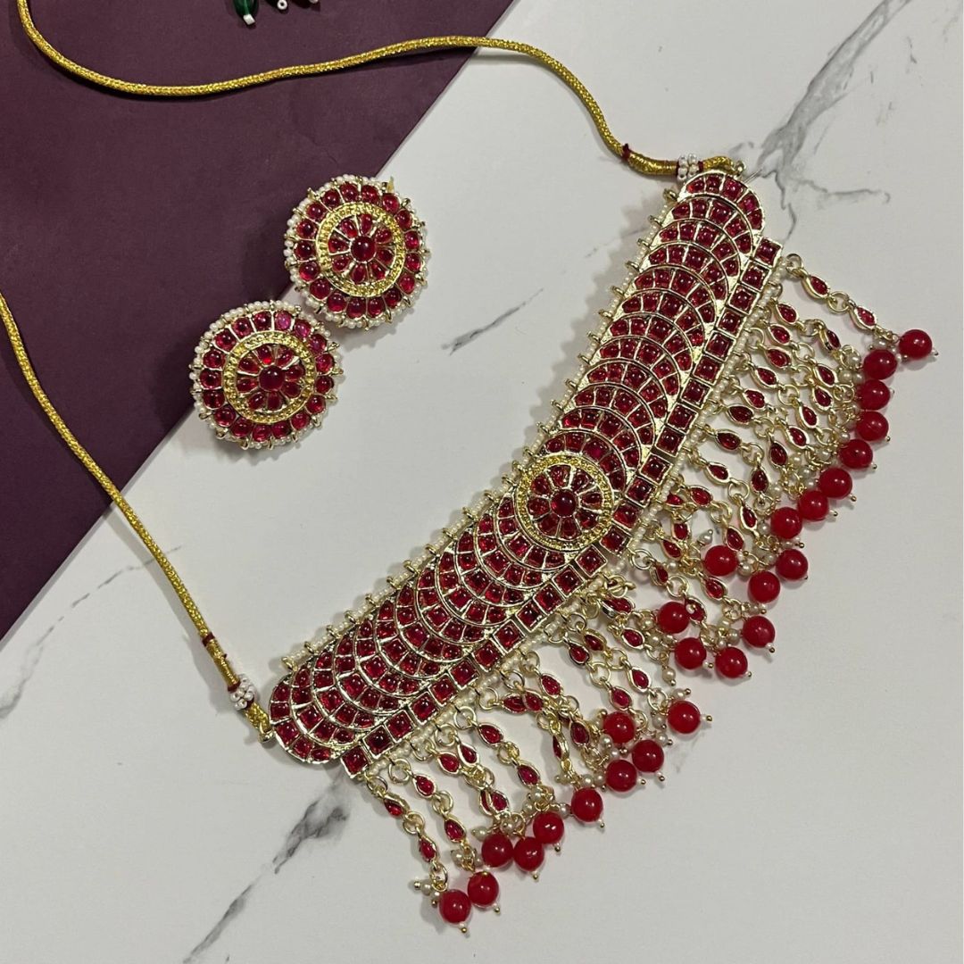 Royal Red Kundan Fringe Choker Set – 1 Royal Red Kundan Fringe Choker Set – Gold Finish with Statement Studs - Image 1