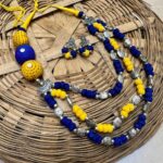 Sun & Sky – Yellow-Blue Kantha Thread Necklace Set with Silver Beads