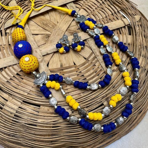 Sun & Sky – Yellow-Blue Kantha Thread Necklace Set with Silver Beads