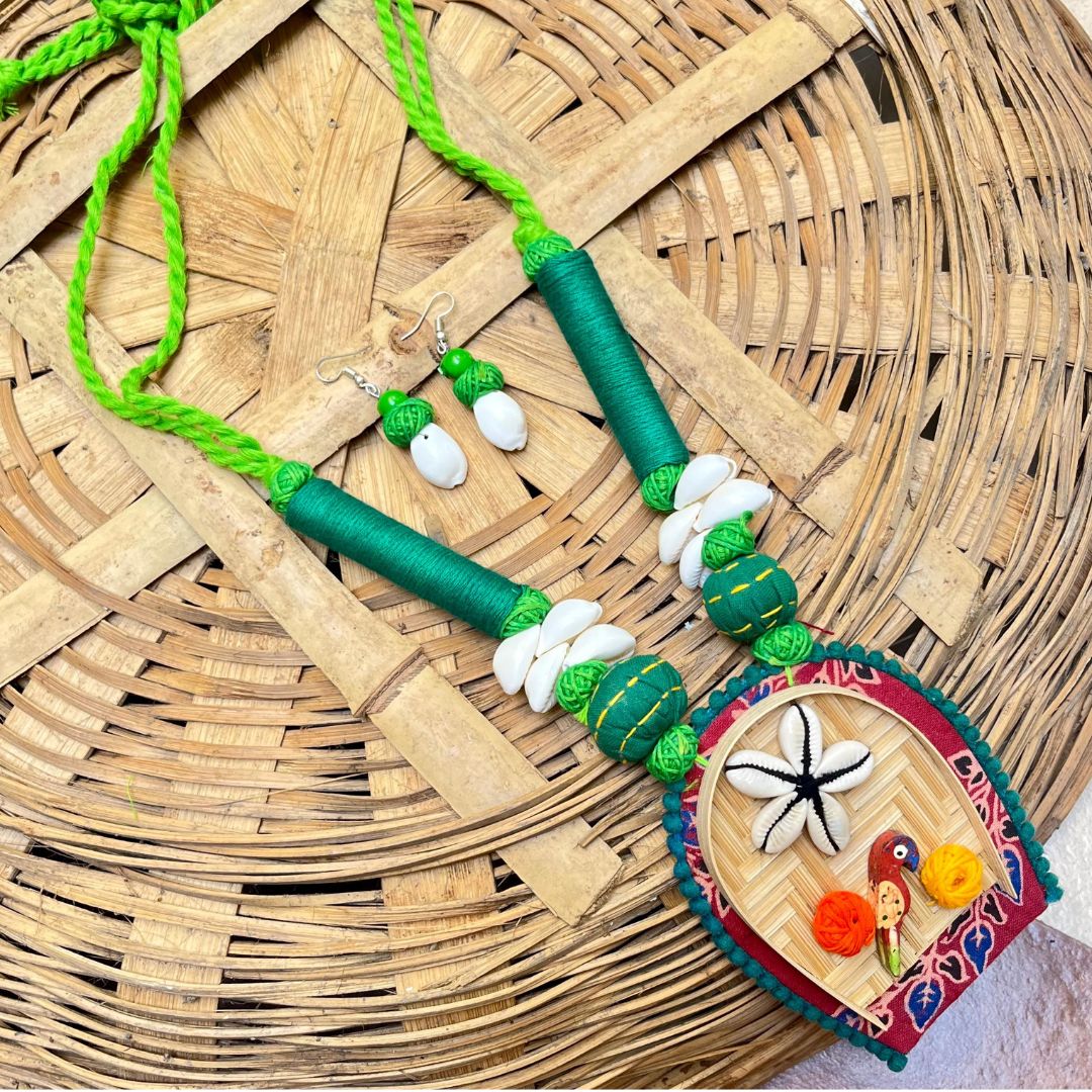 Tribal Craft Pendant Necklace – Woven Bamboo & Eco Beads Green Tribal Craft Pendant Necklace – Woven Bamboo & Eco Beads - Image 1