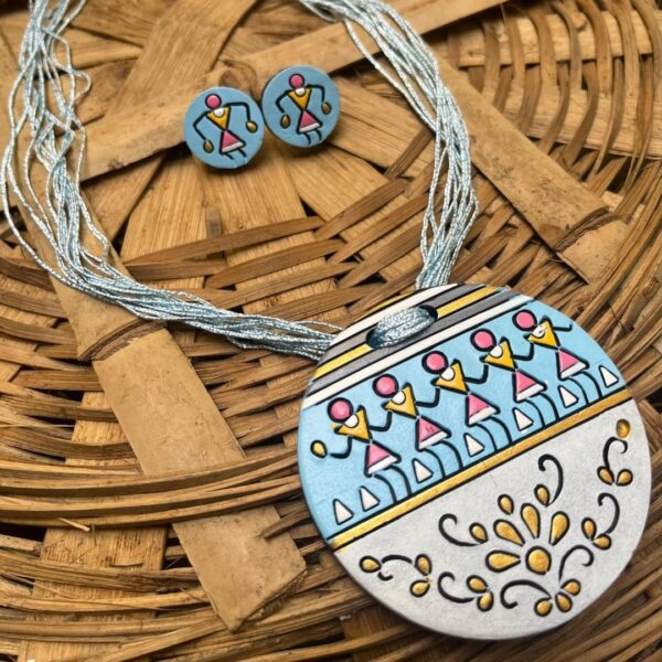 Warli Dance Hand-Painted Terracotta Pendant Set – Folk Art Fusion Jewelry