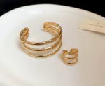 Metal Geometric Pattern Three Layer Open Bracelet & Matching Ring For Women With Electroplating Design - Image 2