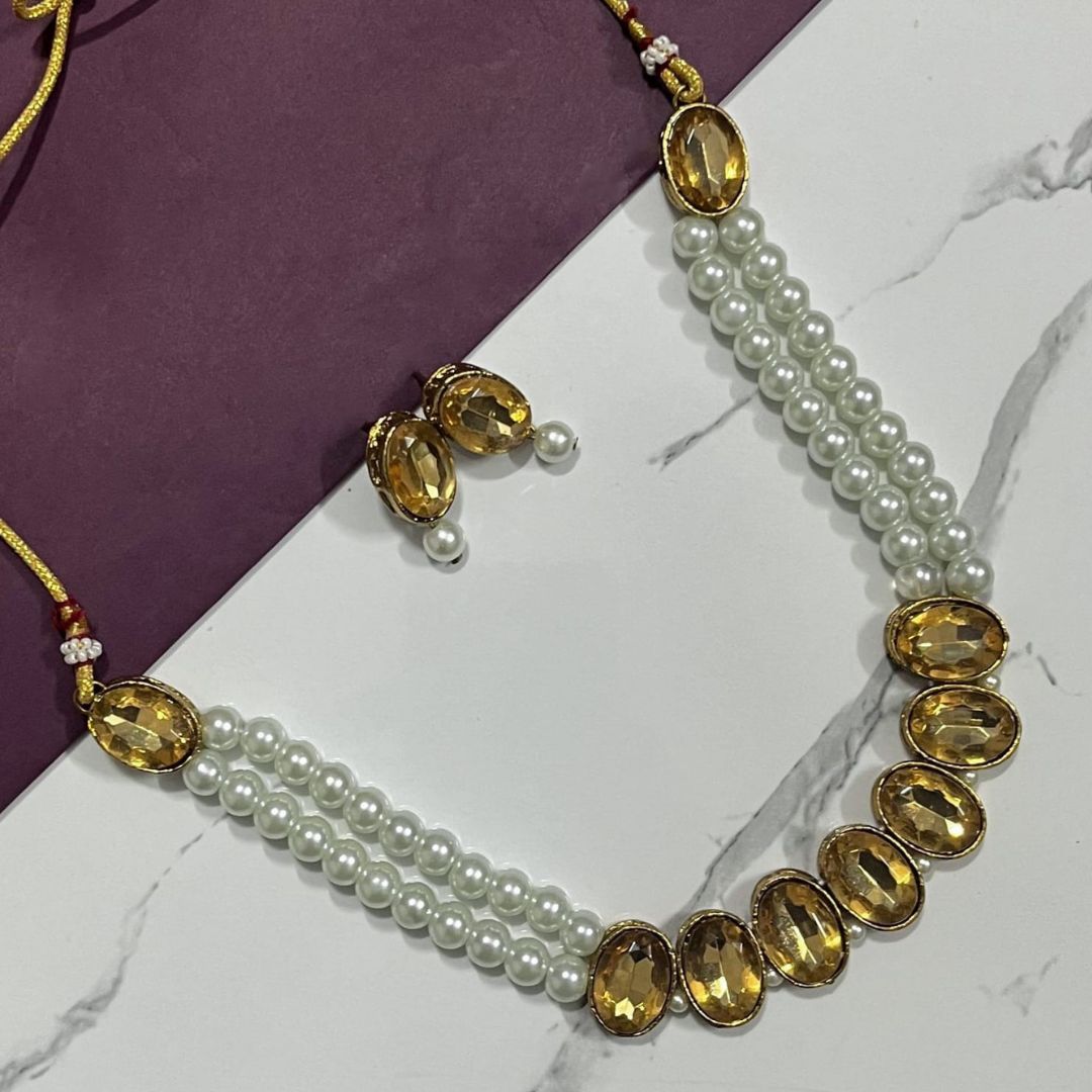 Amber Grace – Pearl & Citrine Stone Necklace Set-1 Amber Grace – Pearl & Citrine Stone Necklace Set - Image 1