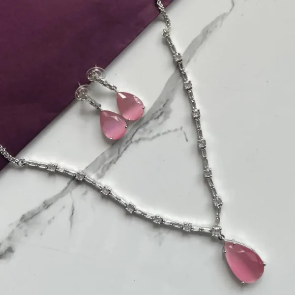 Blush Elegance Silver Necklace & Earrings Set with Pink Teardrop Stones
