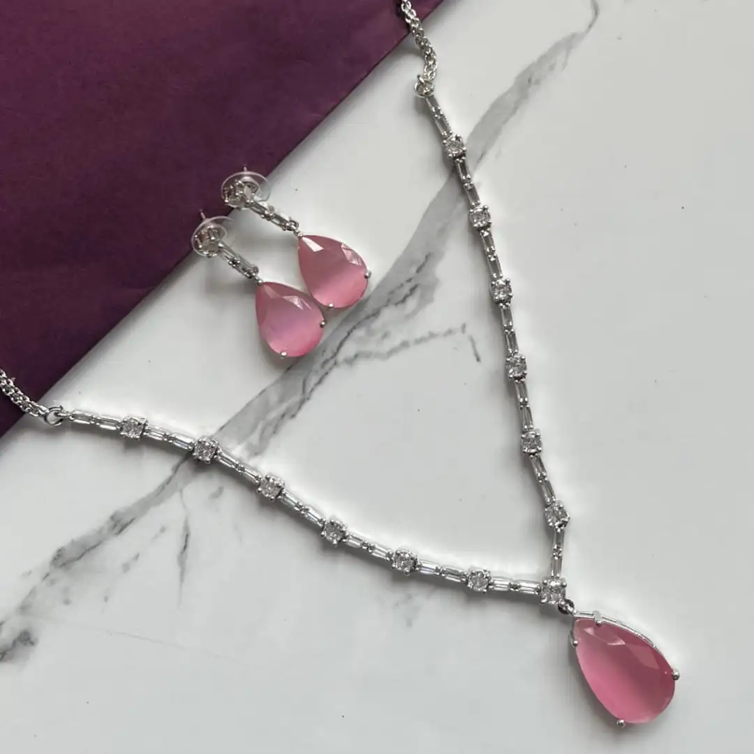 Blush Elegance Silver Necklace & Earrings Set with Pink Teardrop Stones Blush Elegance Silver Necklace & Earrings Set with Pink Teardrop Stones - Image 1