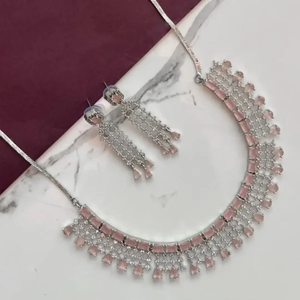 Blush Grace – Pink Stone & Silver Statement Necklace Set