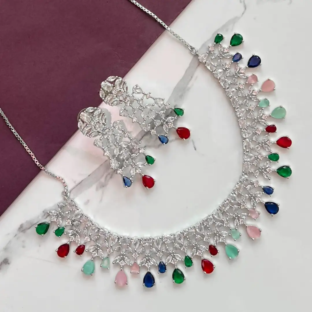 Celestial Cascade – Multicolor Teardrop Diamond Necklace Set Celestial Cascade – Multicolor Teardrop Diamond Necklace Set - Image 1