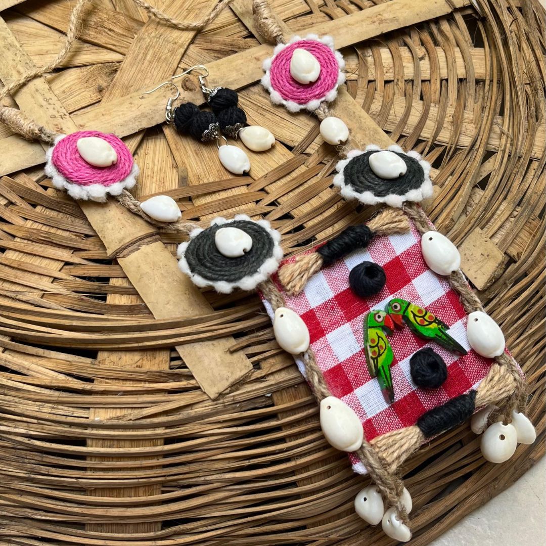 Chirp Charm – Handcrafted Jute Necklace Set with Parrot Motif & Cowrie Accents Chirp Charm – Handcrafted Jute Necklace Set with Parrot Motif & Cowrie Accents - Image 1