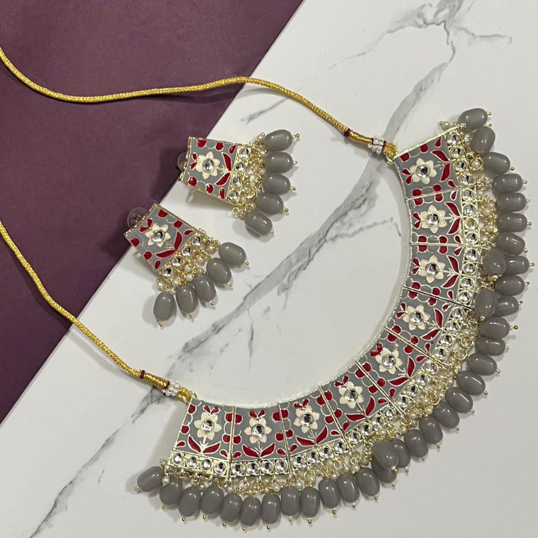 Classic Red & Grey Enamel Choker Set-1 Classic Red & Grey Enamel Choker Set - Image 1