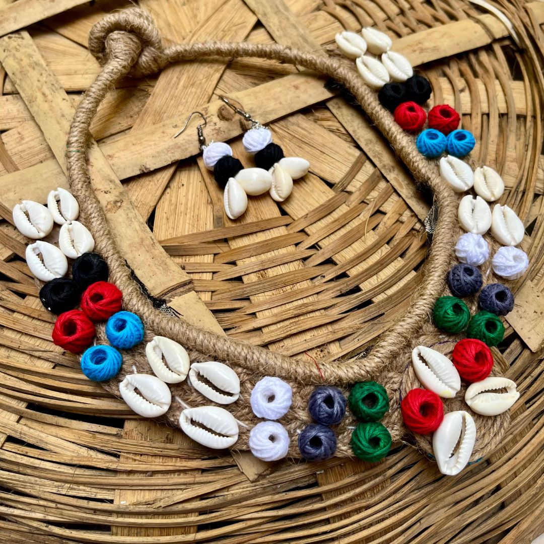 Coastal Kaleidoscope – Cowrie & Thread Bead Tribal Necklace Set Coastal Kaleidoscope – Cowrie & Thread Bead Tribal Necklace Set - Image 1