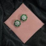 Floral Sparkle Stud Earrings with Emerald Green Petals, Cubic Zirconia Accents & Silver-Toned Finish