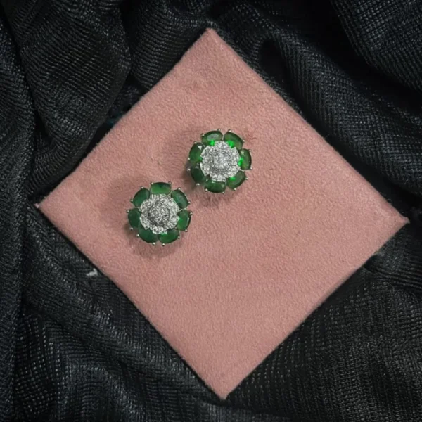 Floral Sparkle Stud Earrings with Emerald Green Petals, Cubic Zirconia Accents & Silver-Toned Finish