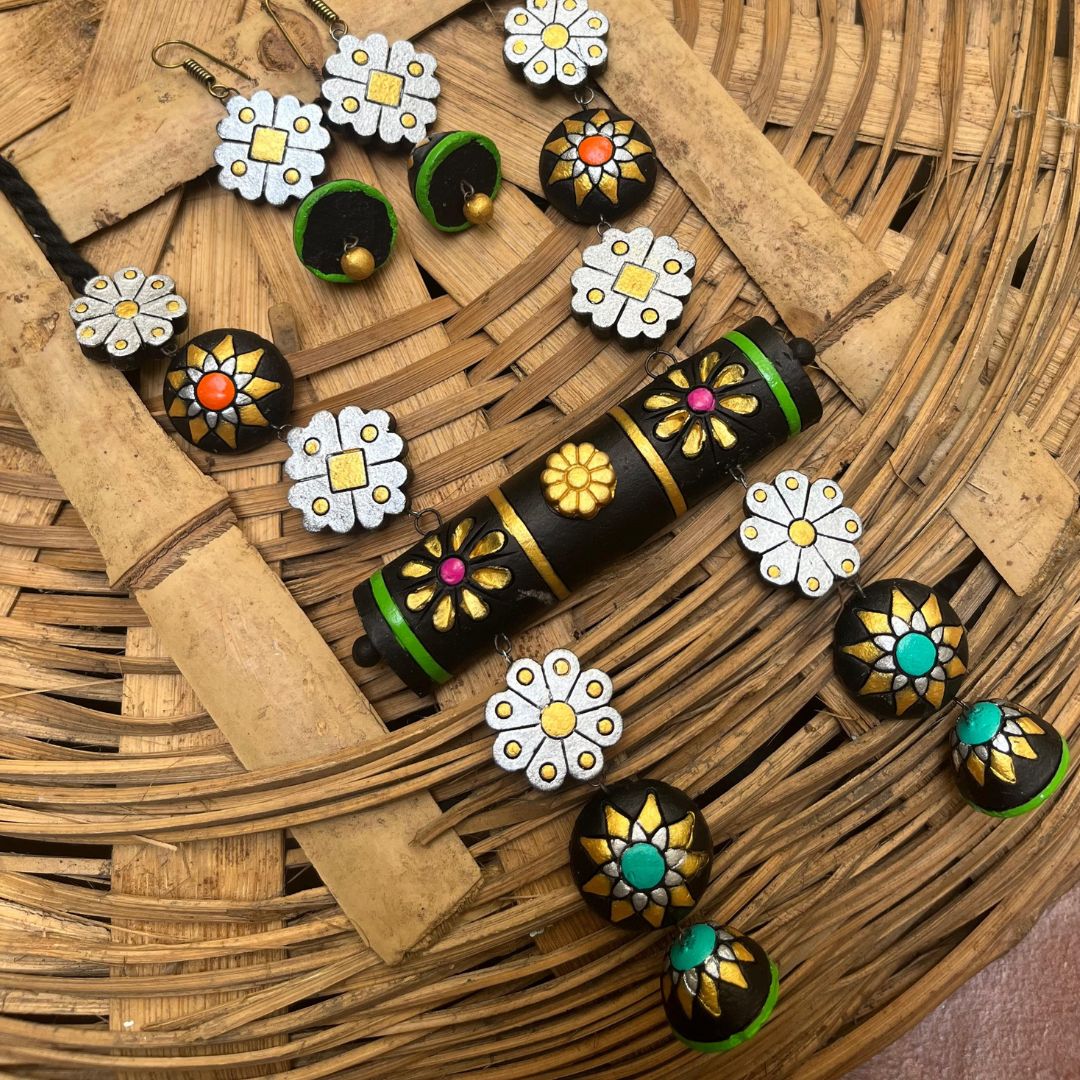 Floral Symphony – Handcrafted Black Terracotta Jewelry Set with Daisy & Mandala Motifs Floral Symphony – Handcrafted Black Terracotta Jewelry Set with Daisy & Mandala Motifs - Image 1