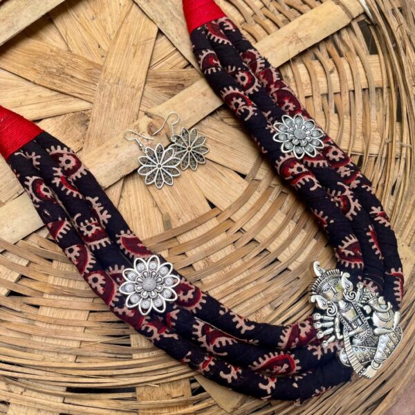 Handcrafted Tribal Fabric Necklace Set with Ganesha Pendant & Floral Earrings