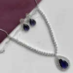 Midnight Blue Teardrop Necklace Set – Silver Finish with Zircon Detailing