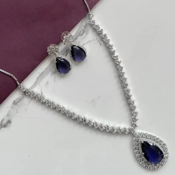 Midnight Blue Teardrop Necklace Set – Silver Finish with Zircon Detailing