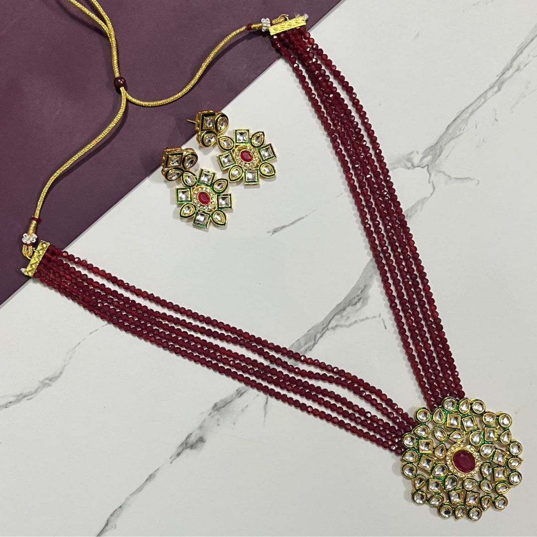 Peach Kundan Layered Necklace Set-3 Peach Kundan Layered Necklace Set - Image 1