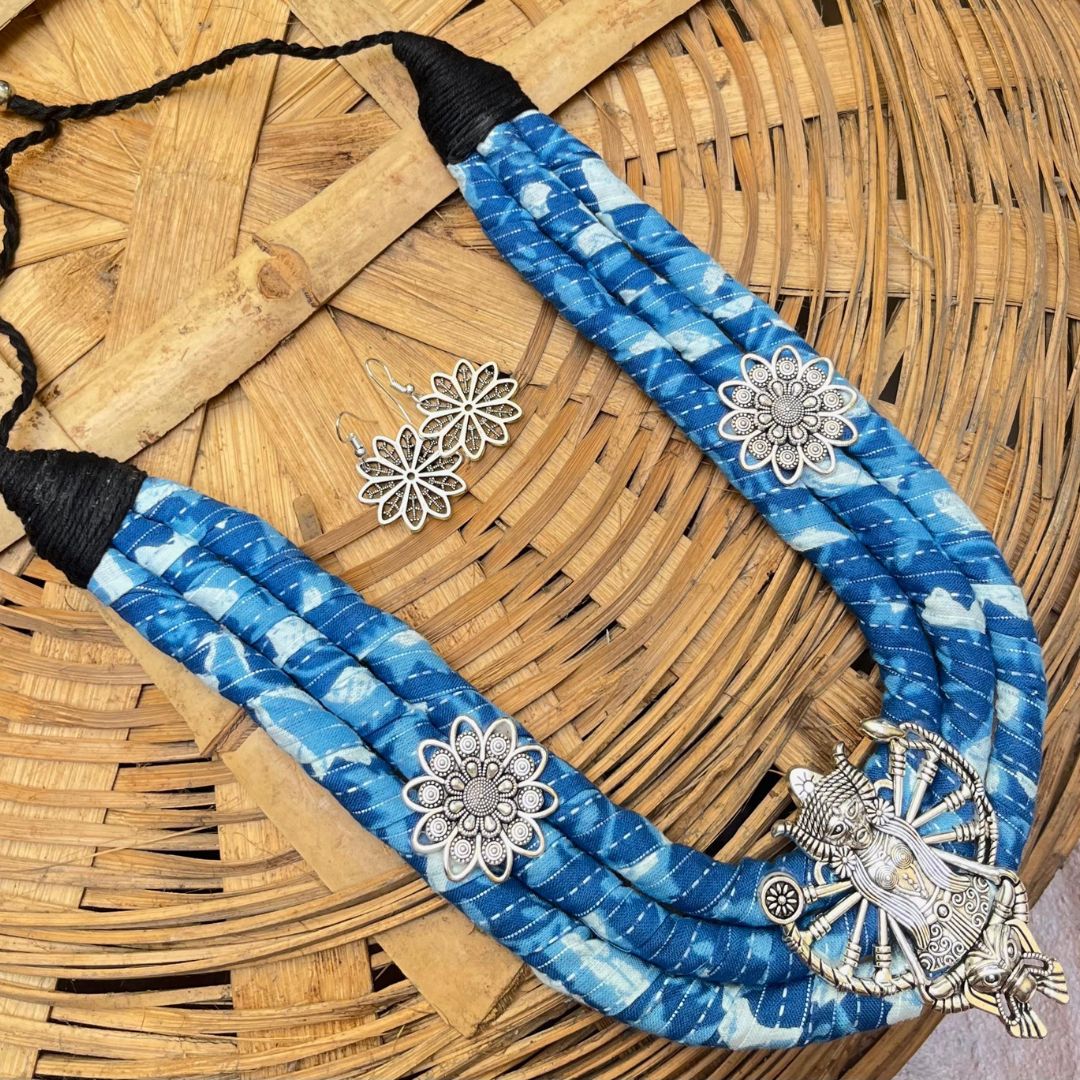 Radha-Krishna Tribal Necklace Set – Indigo Fabric & Silver Charm Radha-Krishna Tribal Necklace Set – Indigo Fabric & Silver Charm - Image 1
