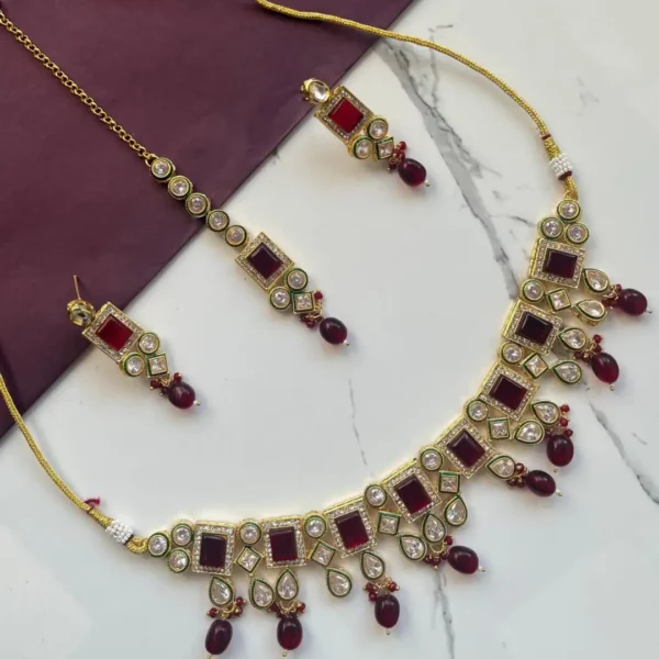 Regal Garnet Glow – Traditional Kundan Necklace & Earrings Set