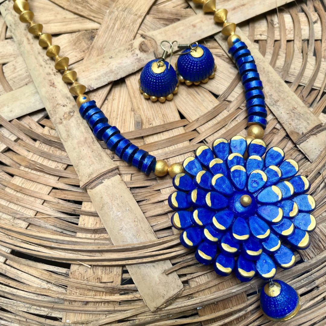 Royal Blue Terracotta Floral Necklace Set – Handcrafted Statement Jewelry Royal Blue Terracotta Floral Necklace Set – Handcrafted Statement Jewelry - Image 1