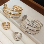 Metal Geometric Pattern Three Layer Open Bracelet & Matching Ring For Women With Electroplating Design