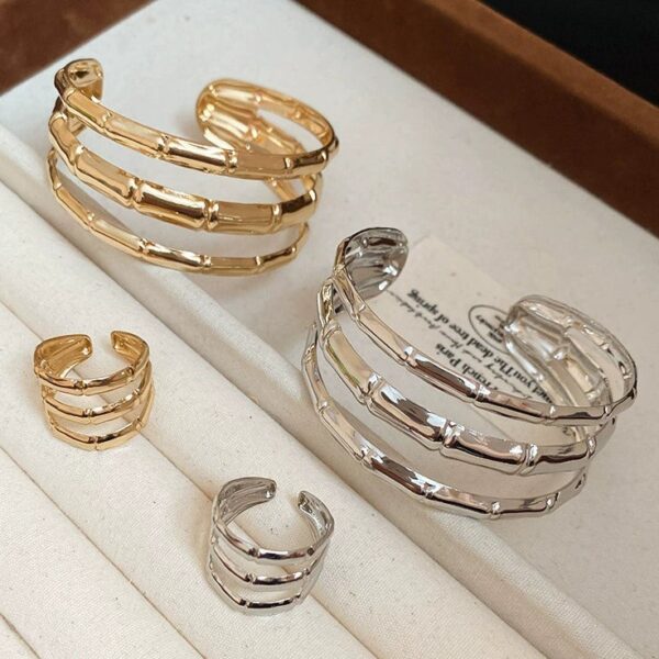 Metal Geometric Pattern Three Layer Open Bracelet & Matching Ring For Women With Electroplating Design