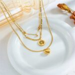 Simple Retro Multilayer Chain Love Round Pendant Necklace In Stainless Steel With Electroplating Treatment
