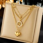 Simple Retro Multilayer Chain Love Round Pendant Necklace In Stainless Steel With Electroplating Treatment - Image 2