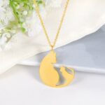 Unisex Stainless Steel And Copper Cat Pendant Necklace With Geometric Pattern And Electroplating Treatment